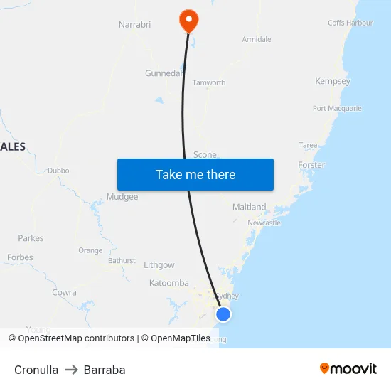 Cronulla to Barraba map