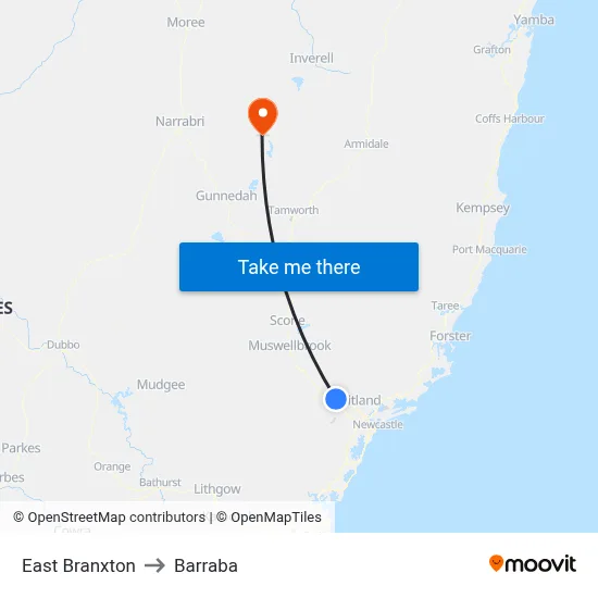 East Branxton to Barraba map