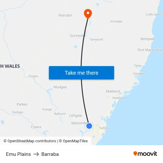 Emu Plains to Barraba map