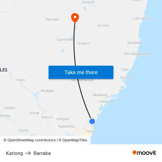 Kariong to Barraba map