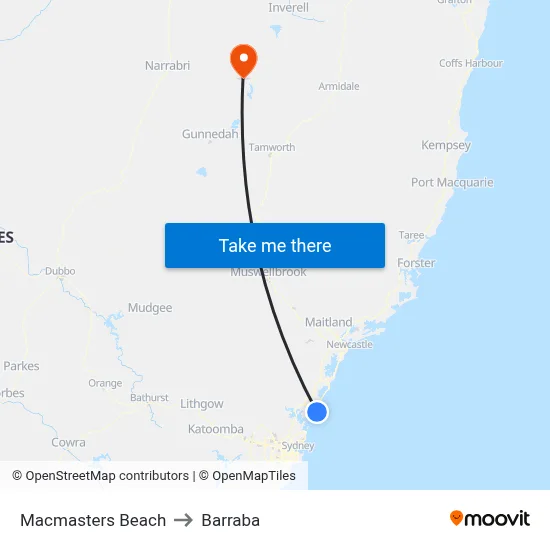 Macmasters Beach to Barraba map