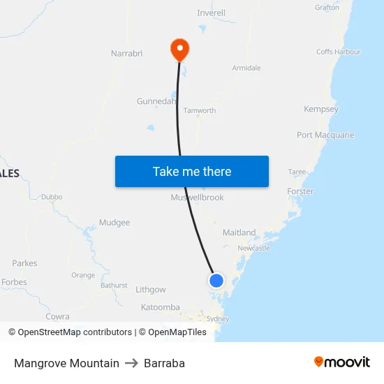 Mangrove Mountain to Barraba map