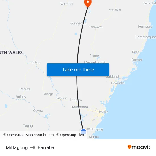 Mittagong to Barraba map
