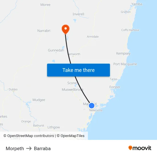 Morpeth to Barraba map