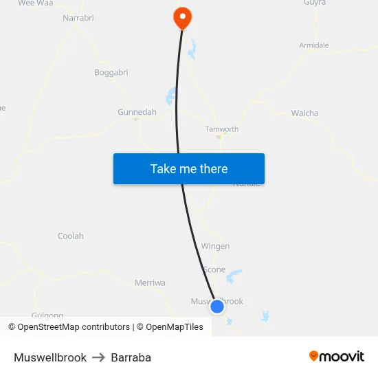 Muswellbrook to Barraba map