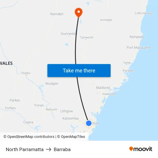 North Parramatta to Barraba map