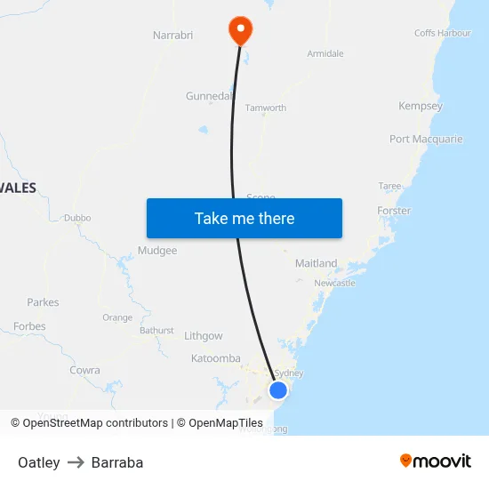 Oatley to Barraba map