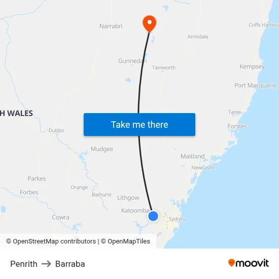 Penrith to Barraba map