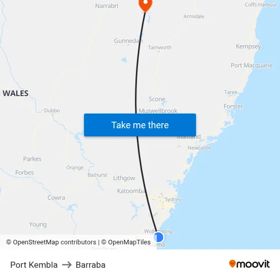 Port Kembla to Barraba map