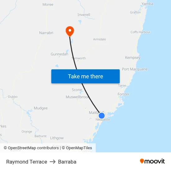 Raymond Terrace to Barraba map