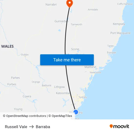 Russell Vale to Barraba map