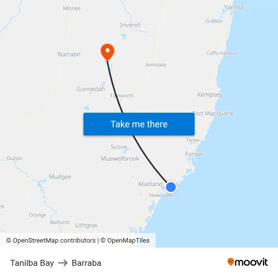 Tanilba Bay to Barraba map