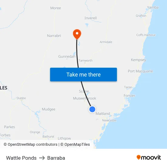 Wattle Ponds to Barraba map