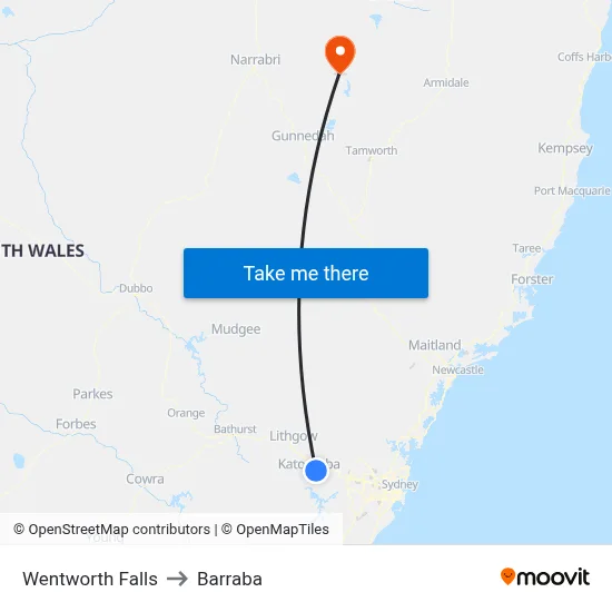 Wentworth Falls to Barraba map