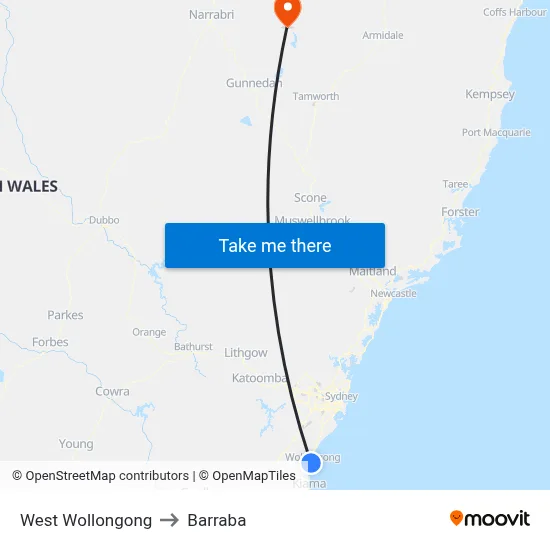 West Wollongong to Barraba map