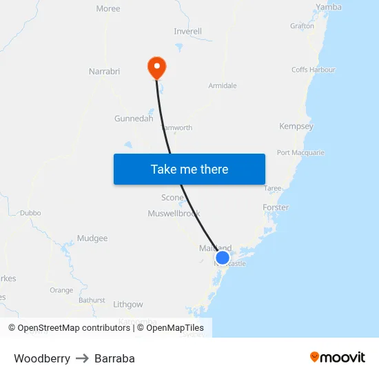 Woodberry to Barraba map
