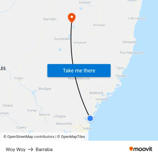 Woy Woy to Barraba map
