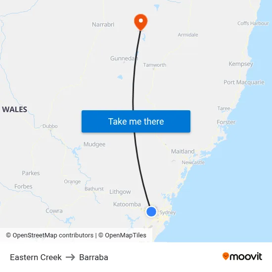Eastern Creek to Barraba map