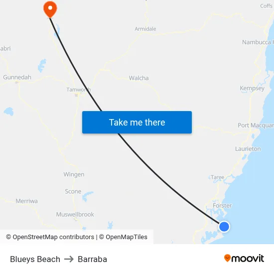Blueys Beach to Barraba map