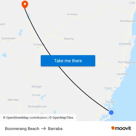 Boomerang Beach to Barraba map