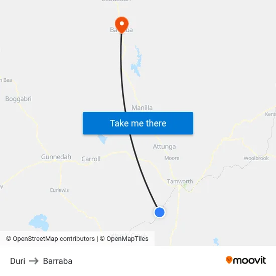 Duri to Barraba map