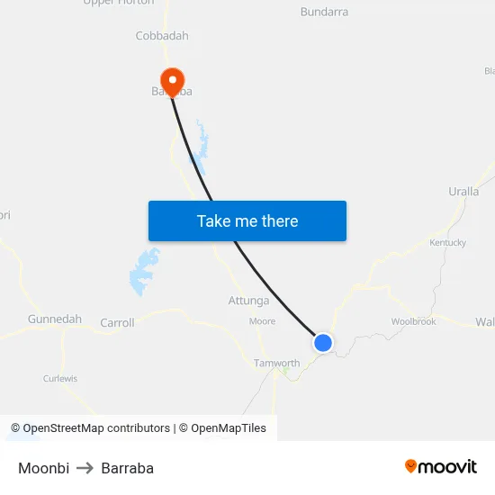 Moonbi to Barraba map