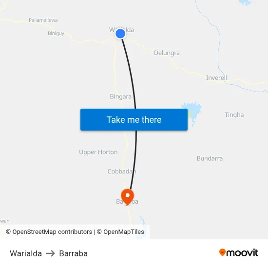 Warialda to Barraba map