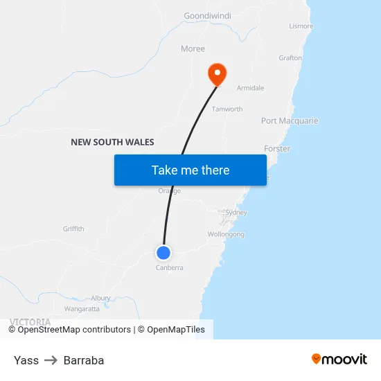 Yass to Barraba map