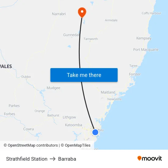 Strathfield Station to Barraba map