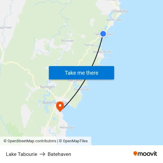 Lake Tabourie to Batehaven map