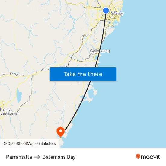 Parramatta to Batemans Bay map