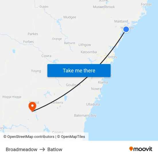 Broadmeadow to Batlow map
