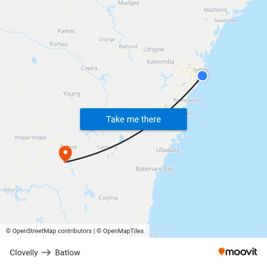Clovelly to Batlow map