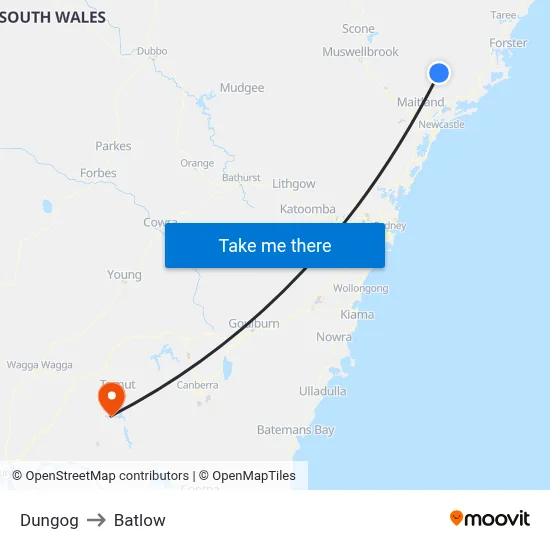 Dungog to Batlow map