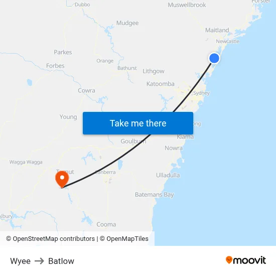 Wyee to Batlow map