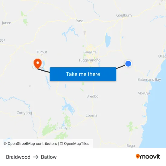 Braidwood to Batlow map