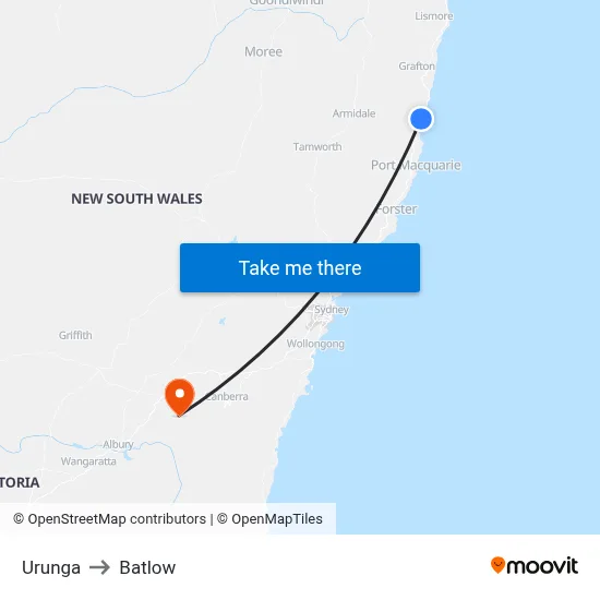 Urunga to Batlow map