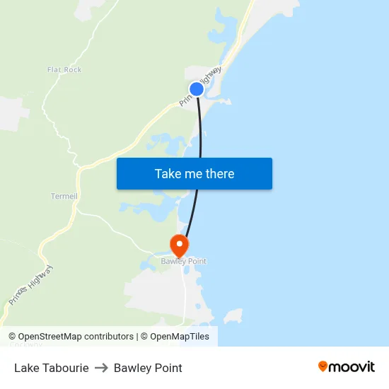 Lake Tabourie to Bawley Point map