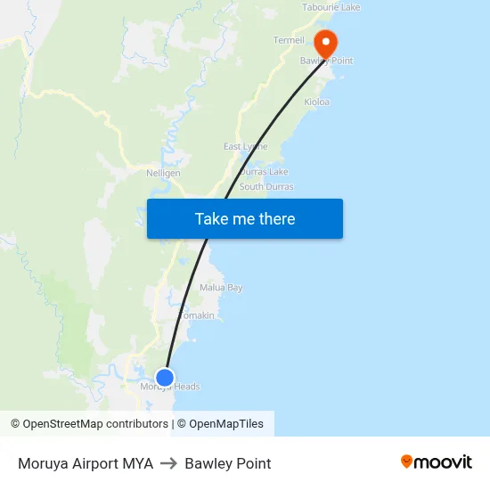 Moruya Airport MYA to Bawley Point map