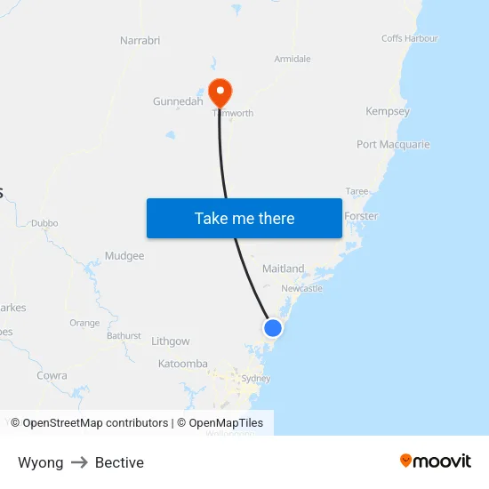 Wyong to Bective map