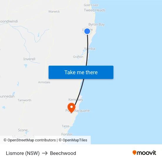 Lismore (NSW) to Beechwood map