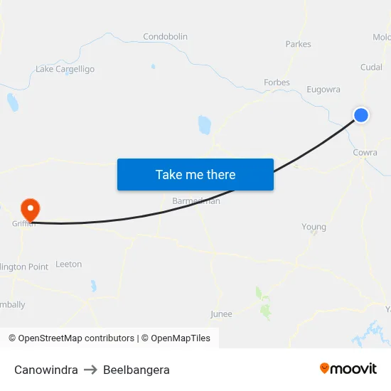 Canowindra to Beelbangera map