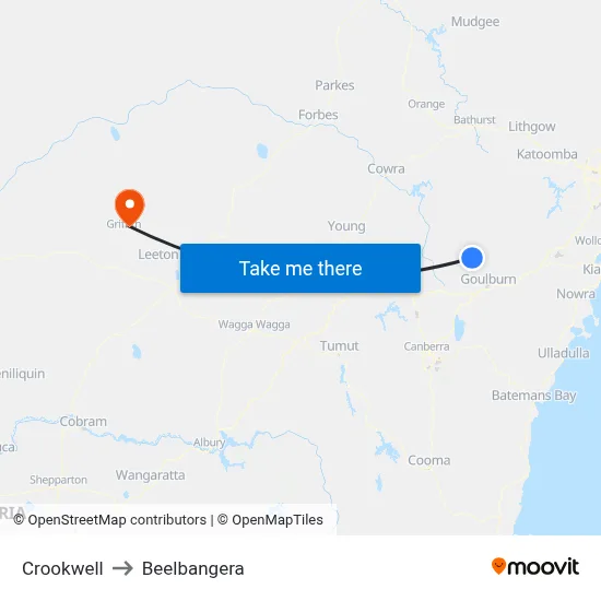 Crookwell to Beelbangera map