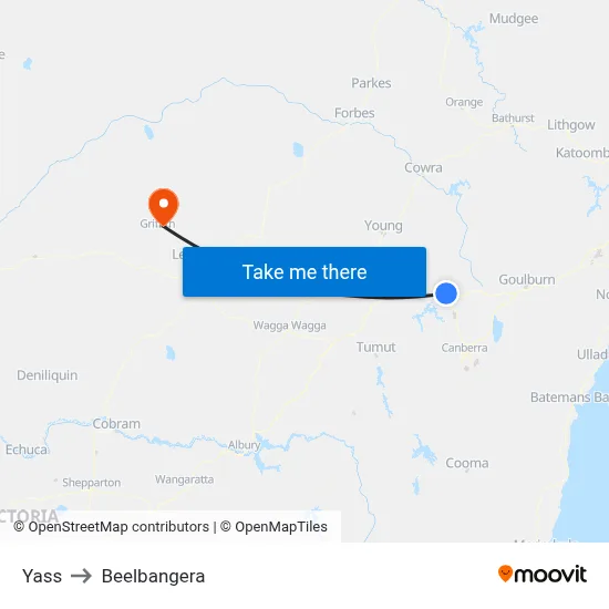 Yass to Beelbangera map
