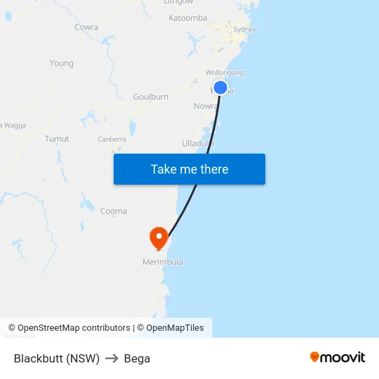 Blackbutt (NSW) to Bega map
