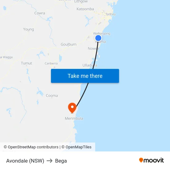Avondale (NSW) to Bega map