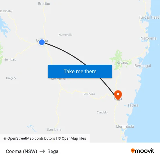 Cooma (NSW) to Bega map