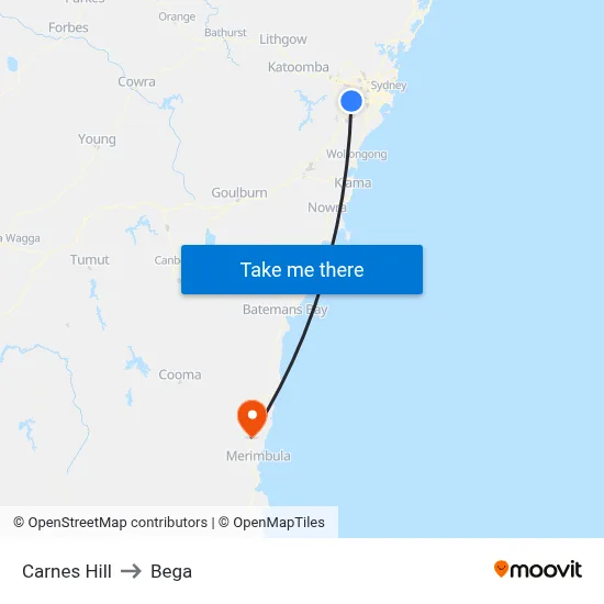 Carnes Hill to Bega map