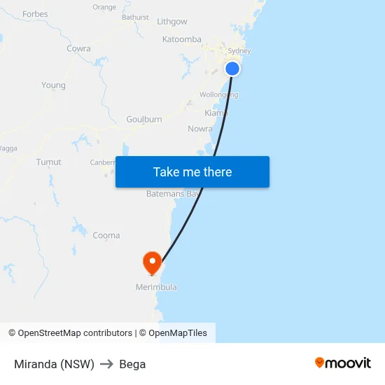 Miranda (NSW) to Bega map