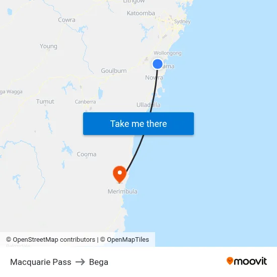 Macquarie Pass to Bega map
